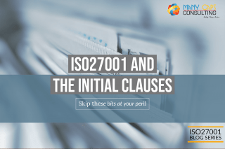 image with text ISO27001 and th einitial clauses, skip these bits at your peril