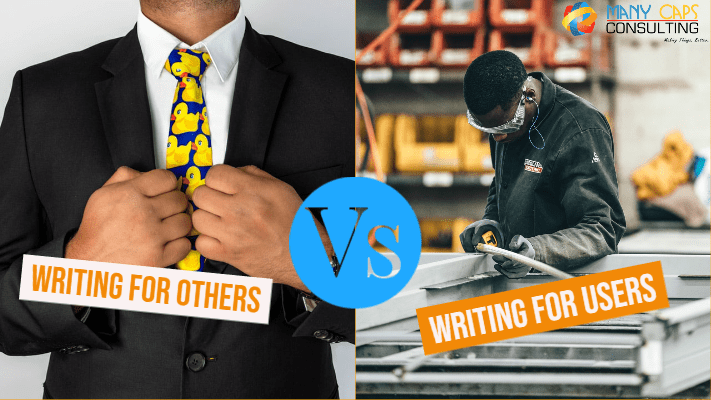 Man in a suite with a duck tie and a man in a work shop with the text Writing for Others Vs Writing for Users